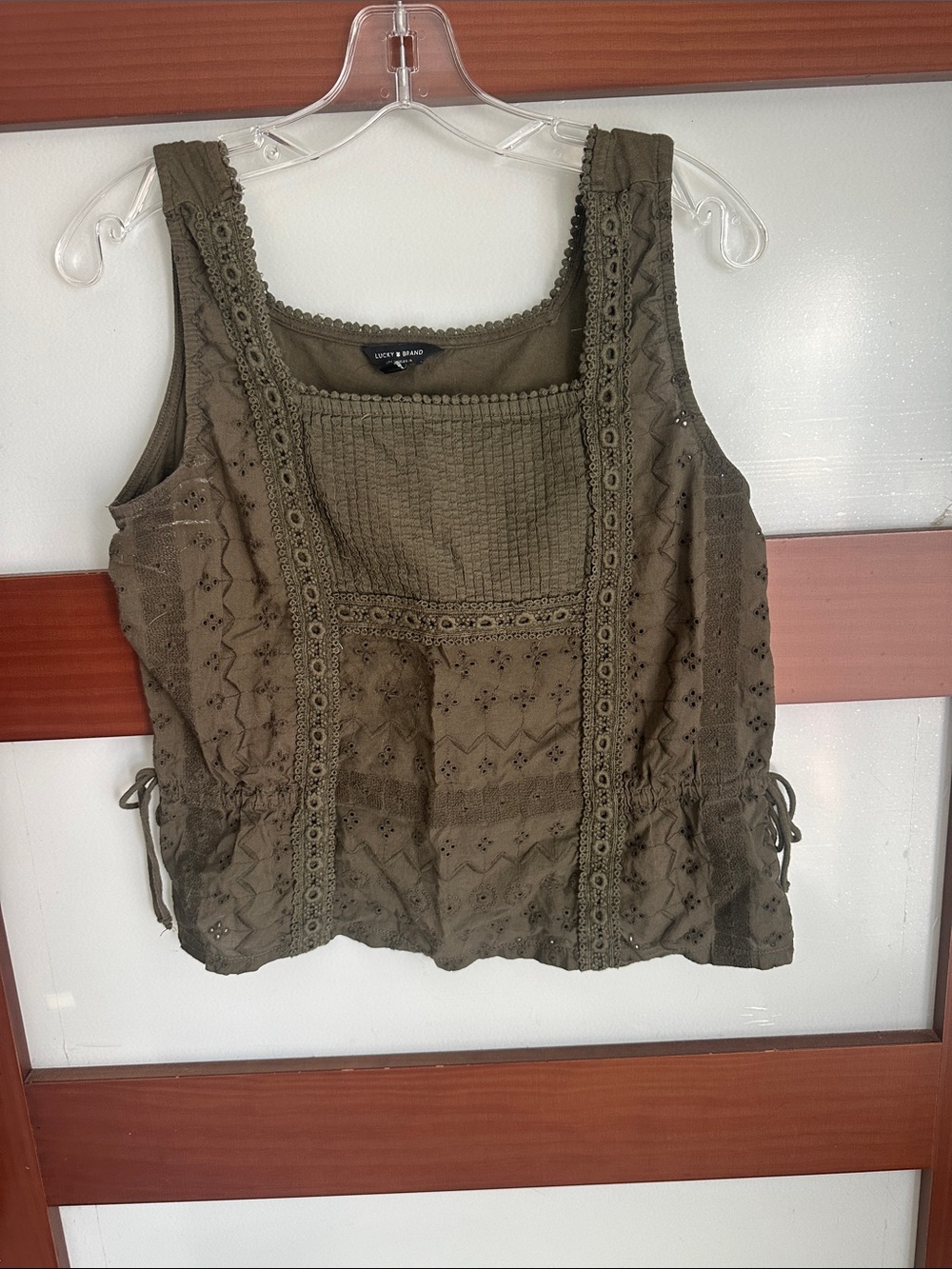 Lucky Brand Olive Eyelet Crochet Square Neck Tank Top
